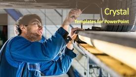  Presentation with mechanic shop - PPT theme featuring mechanical hydraulics - young male mechanic changing tire background and a tawny brown colored foreground