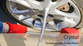  Presentation with change a flat car tire - Theme with changing wheel after car breakdown background and a mint green colored foreground