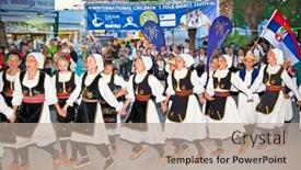  Presentation with folk dance - Presentation theme having chaniotis-greece-may-18-2014 background and a coral colored foreground