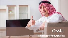  Presentation with arab - Beautiful presentation design featuring channel management - arab businessman watching tv backdrop and a coral colored foreground