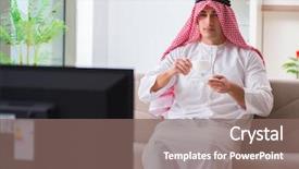  Presentation with home hazardous waste - PPT theme featuring channel management - arab businessman watching tv background and a violet colored foreground