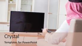  Presentation with arab countries - Slide set with channel management - arab businessman watching tv background and a coral colored foreground