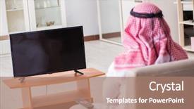  Presentation with arab - Cool new slide deck with channel management - arab businessman watching tv backdrop and a coral colored foreground