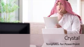  Presentation with arab - Slide deck enhanced with channel management - arab man watching tv background and a soft green colored foreground