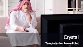  Presentation with arab - PPT theme with channel management - arab man watching tv background and a black colored foreground