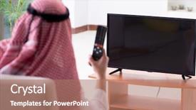  Presentation with man watching woman preparing vegetables - Slide deck having channel management - arab man watching tv background and a coral colored foreground