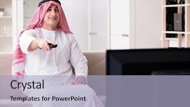  Presentation with arab - Slide set featuring channel management - arab man watching tv background and a light blue colored foreground