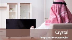  Presentation with man watching woman preparing vegetables - Presentation design consisting of channel management - arab man watching tv background and a violet colored foreground