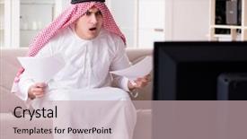  Presentation with man watching woman preparing vegetables - Colorful PPT layouts enhanced with channel management - arab man watching tv backdrop and a soft green colored foreground