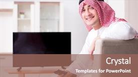  Presentation with man watching woman preparing vegetables - PPT layouts featuring channel management - arab man watching tv background and a violet colored foreground