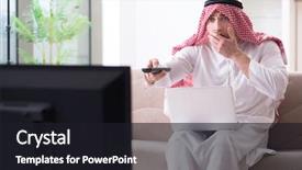  Presentation with man watching woman preparing vegetables - Slide deck consisting of channel management - arab man watching tv background and a dark gray colored foreground