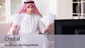  Presentation with man watching woman preparing vegetables - Colorful presentation enhanced with channel management - arab man watching tv backdrop and a light blue colored foreground