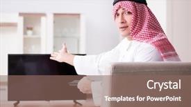  Presentation with arab - Slide set with channel management - arab man watching tv background and a violet colored foreground