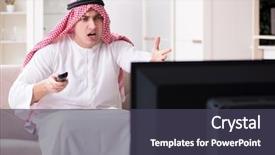  Presentation with arab - Audience pleasing PPT theme consisting of channel management - arab man watching tv backdrop and a dark gray colored foreground