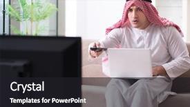  Presentation with arab - Presentation design enhanced with channel management - arab man watching tv background and a dark gray colored foreground