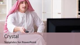  Presentation with man watching woman preparing vegetables - PPT theme with channel management - arab man watching tv background and a coral colored foreground