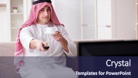  Presentation with man watching woman preparing vegetables - PPT theme featuring channel management - arab man watching tv background and a navy blue colored foreground