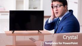  Presentation with watching tv - PPT theme enhanced with channel management - businessman watching tv background and a  colored foreground
