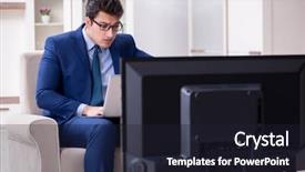  Presentation with office management - Beautiful slide set featuring channel management - businessman watching tv backdrop and a  colored foreground