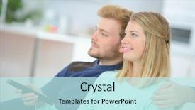  Presentation with young happy couple - Colorful presentation theme enhanced with channel partners - happy young couple watching television backdrop and a  colored foreground