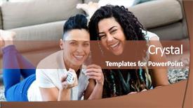  Presentation with television watching - Beautiful presentation theme featuring channel partners - lesbian couple lying on rug backdrop and a red colored foreground