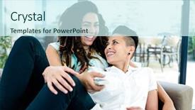 Presentation with television watching - PPT theme featuring channel partners - lesbian couple relaxing on sofa background and a cool aqua colored foreground