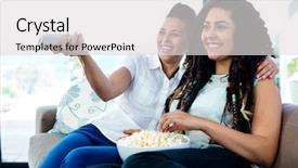  Presentation with television watching - Cool new slides with channel partners - lesbian couple sitting on sofa backdrop and a light gray colored foreground