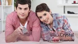  Presentation with partners - Amazing PPT theme having channel partners - teenage couple watching tv backdrop and a coral colored foreground