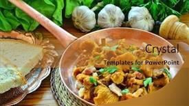  Presentation with import garlic - Presentation theme having chanterelles stewed with smoked bacon garlic and provencal herbs background and a gold colored foreground