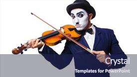  Presentation with happy sad mask face - Audience pleasing slide deck consisting of musical theater - man with face mask playing backdrop and a navy blue colored foreground