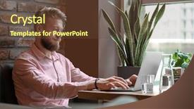  Presentation with young man holdng laptop on lap money - PPT theme enhanced with chapter - young blogger with laptop working background and a tawny brown colored foreground