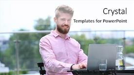  Presentation with teachers working around a table - Slides with chapter - young blogger with laptop working background and a white colored foreground