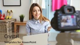  Presentation with worried young female college student - Beautiful presentation theme featuring chapter - young female blogger with laptop backdrop and a coral colored foreground