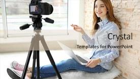  Presentation with blogger - Audience pleasing presentation design consisting of chapter - young female blogger with laptop backdrop and a soft green colored foreground