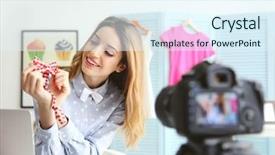  Presentation with fixing his black bow tie - Colorful theme enhanced with chapter - young female blogger with tie backdrop and a sky blue colored foreground