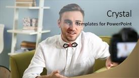  Presentation with video templstes gor cpr - Cool new presentation design with chapter - young male blogger recording video backdrop and a light blue colored foreground