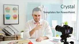  Presentation with mental health video - PPT theme consisting of chapter - young male blogger recording video background and a sky blue colored foreground