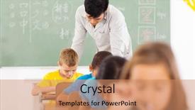  Presentation with chinese language - Presentation theme featuring character pencil - male chinese language teacher background and a coral colored foreground