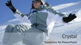  Presentation with snow - PPT theme enhanced with character slide - young woman sledding in snow background and a  colored foreground
