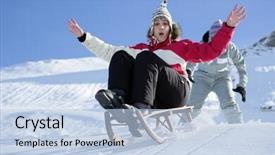  Presentation with snow - Amazing slides having character slide - young woman sledding in snow backdrop and a  colored foreground