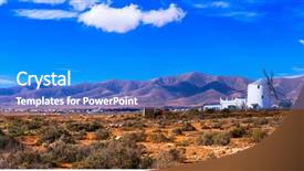  Presentation with old windmill - Audience pleasing slides consisting of characteristics - beautiful scenery of volcanic fuerteventura backdrop and a cobalt blue colored foreground