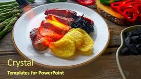  Presentation with tenderloin - Amazing slide set having charcoal grilled beef tenderloin french fries peppers and shallots with blowtorch flame backdrop and a tawny brown colored foreground