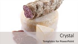  Presentation with fresh fruits salad on white - Amazing presentation design having charcuterie - italian salami and cheese backdrop and a  colored foreground