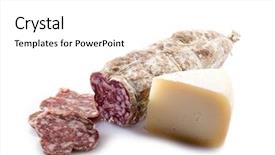  Presentation with fresh fruits salad on white - Slide set having charcuterie - italian salami and cheese background and a  colored foreground