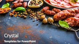  Presentation with sausages - Presentation theme with charcuterie - various sausages with spices background and a ocean colored foreground