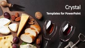  Presentation with wine cheese - PPT theme consisting of charcuterie - wine grape nuts bread background and a dark gray colored foreground