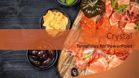  Presentation with charcuterie - PPT theme enhanced with charcuterie-board-with-prosciutto-ham background and a red colored foreground