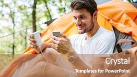  Presentation with tourist - Slide deck enhanced with charge - cheerful young man tourist sitting background and a coral colored foreground