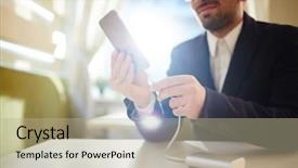  Presentation with smartphone - Theme featuring charge - young businessman charging smartphone background and a mint green colored foreground