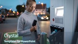  Presentation with electric vehicle - Amazing PPT theme having charge - young woman charging an electric backdrop and a ocean colored foreground